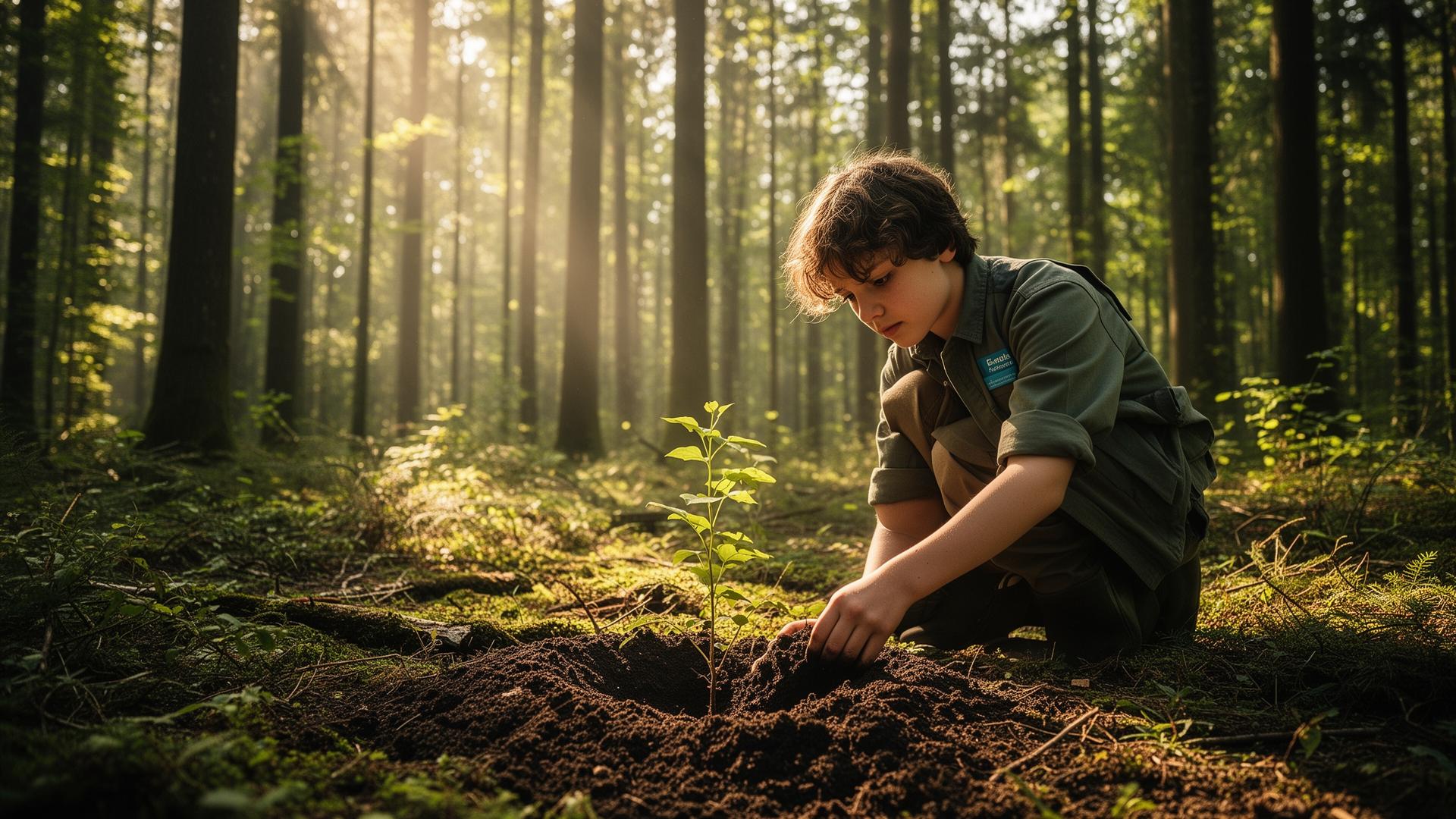 Vrijwilliger plant een boompje in een Europees bos