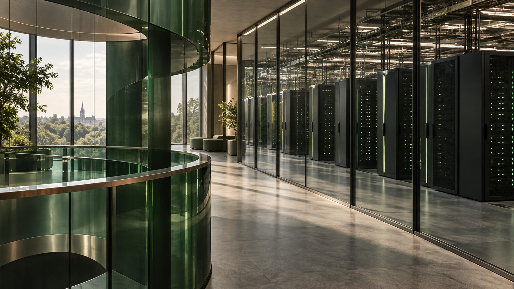 Modern kantoor van een datamanagementorganisatie met serverruimte achter glas en zicht op het groen van Hilversum