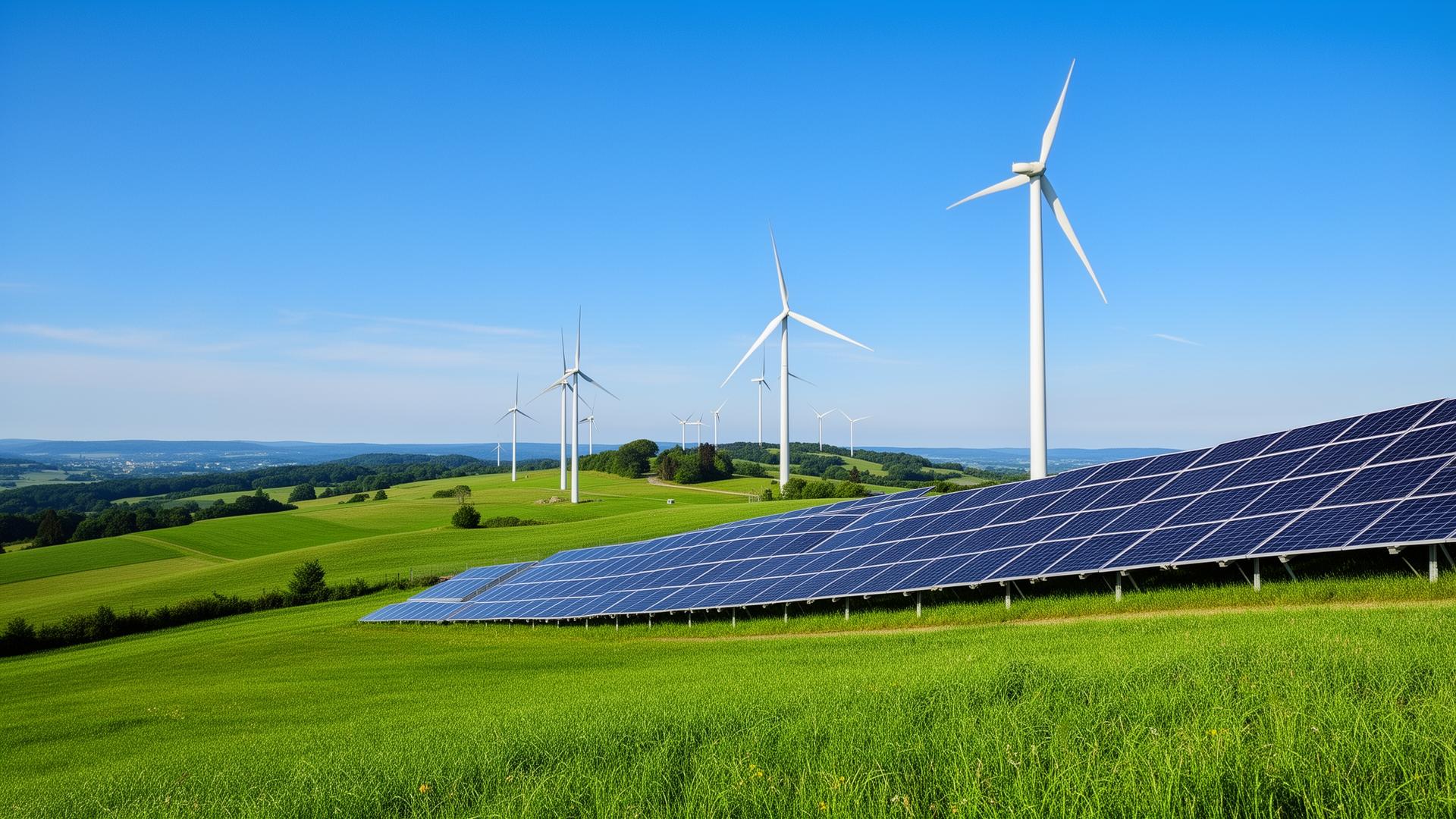 Windmolens en zonnepanelen in een Europees landschap