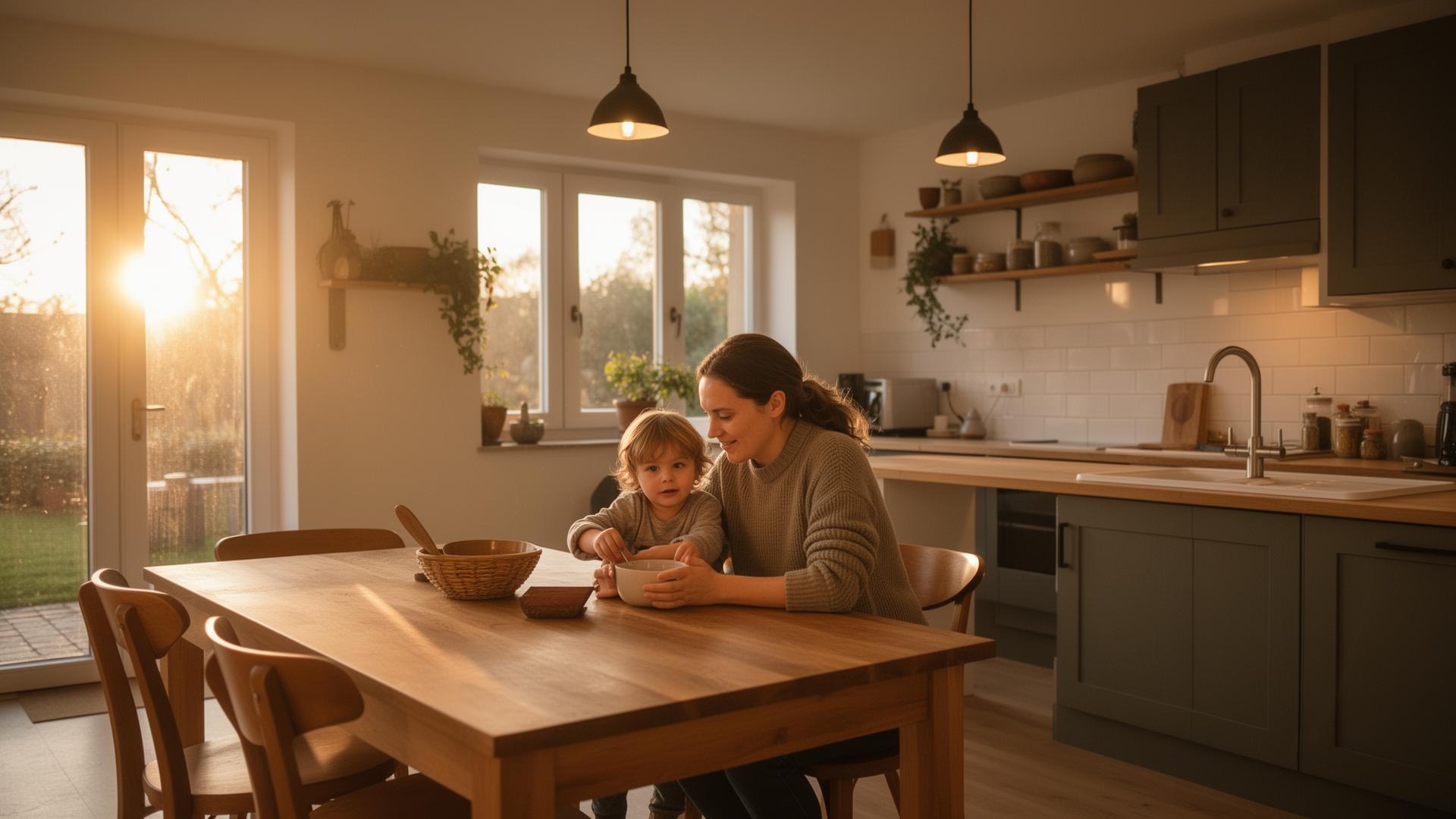 Warm en veilig thuis — moeder en kind in de keuken
