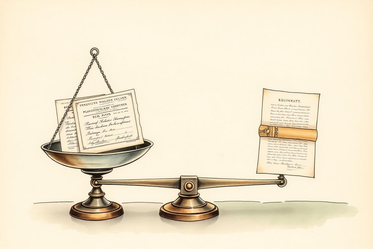 Aquarel van een weegschaal met aandelencertificaten aan de ene kant en een obligatieakte aan de andere kant