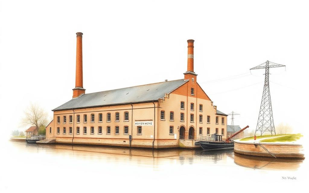 Bakstenen krachtcentrale met schoorstenen en telegraafmasten aan een kanaal