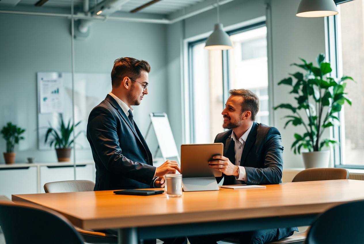 Financieel adviseur in gesprek met een cliënt aan een bureau