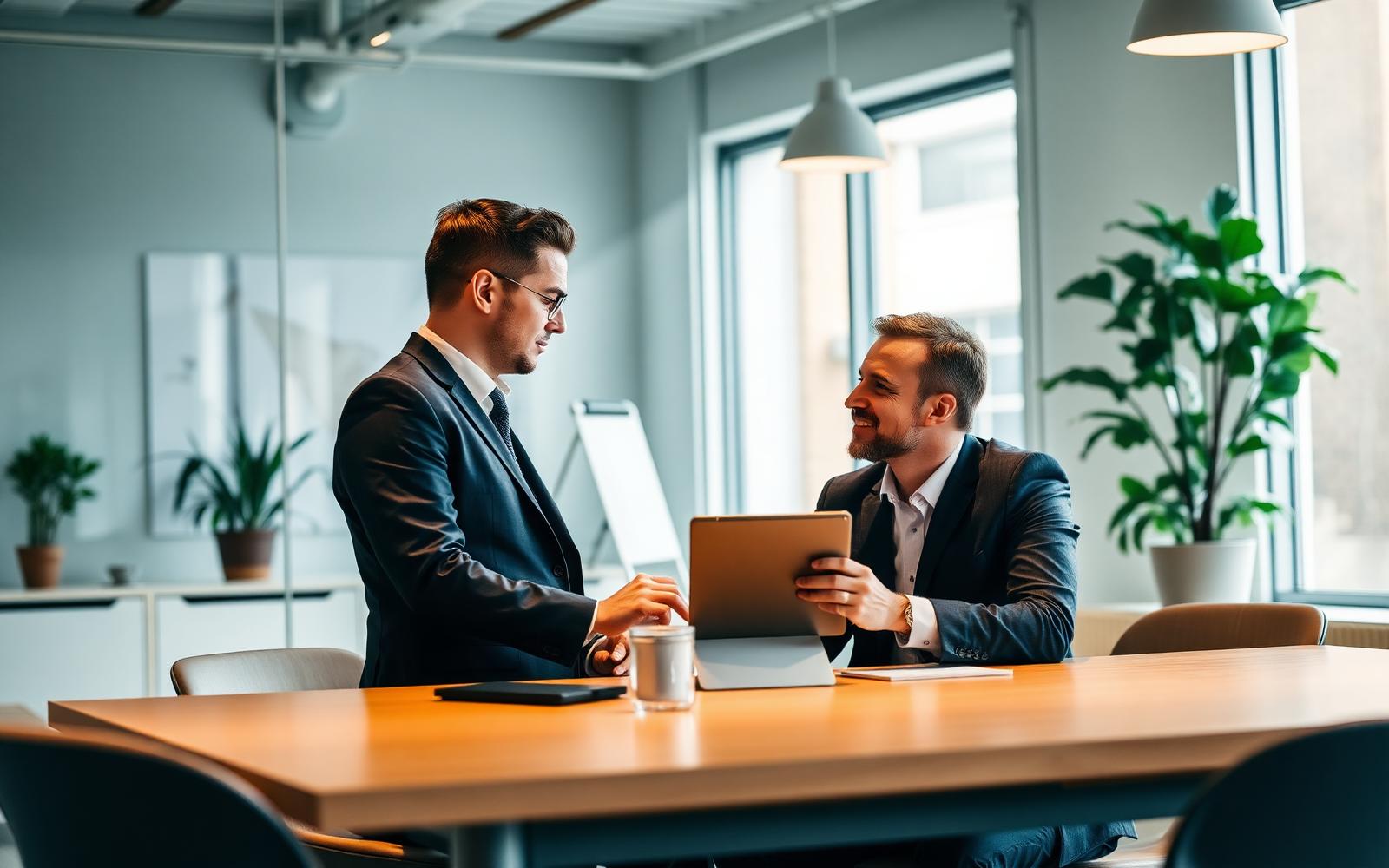 Financieel adviseur in gesprek met een cliënt aan een bureau