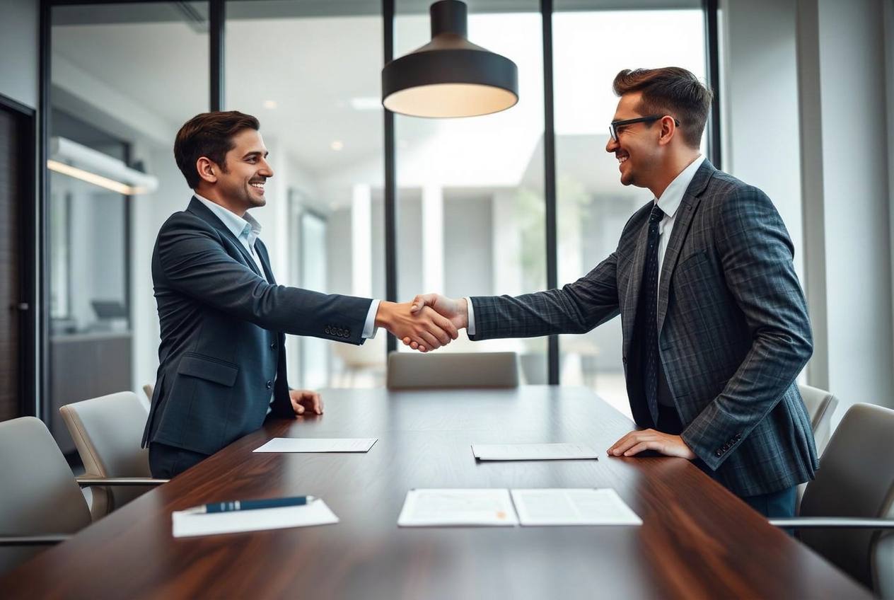 Ondernemers sluiten een deal met een handdruk in de boardroom