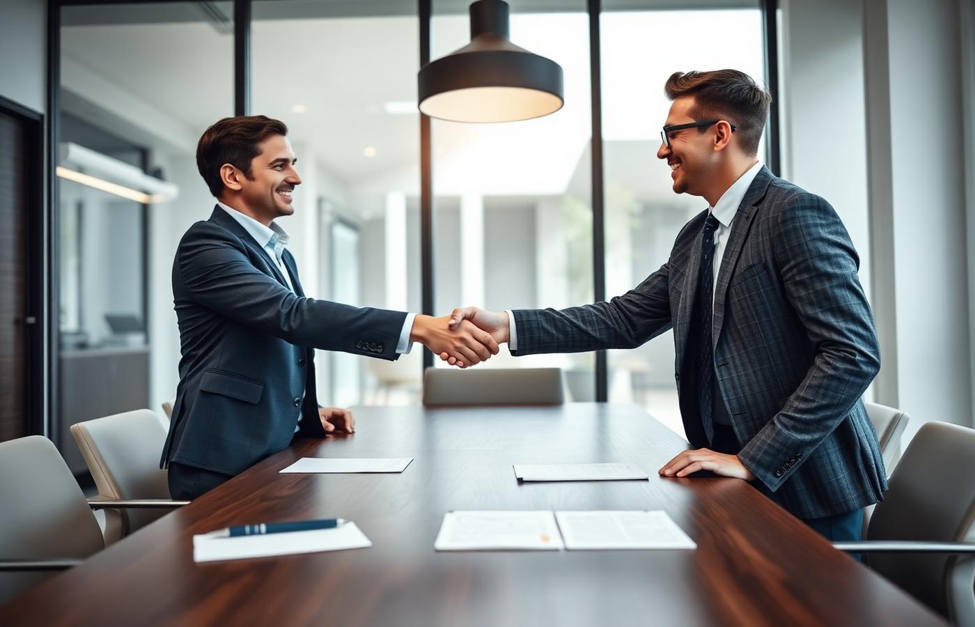 Ondernemers sluiten een deal met een handdruk in de boardroom