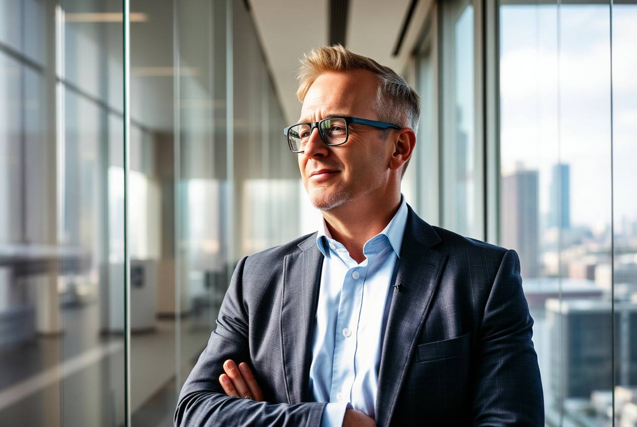 Ondernemer kijkt uit over de stad vanuit zijn kantoor