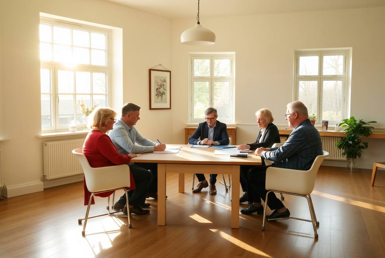 Bestuur van een stichting bespreekt documenten aan een houten tafel in een lichte ruimte
