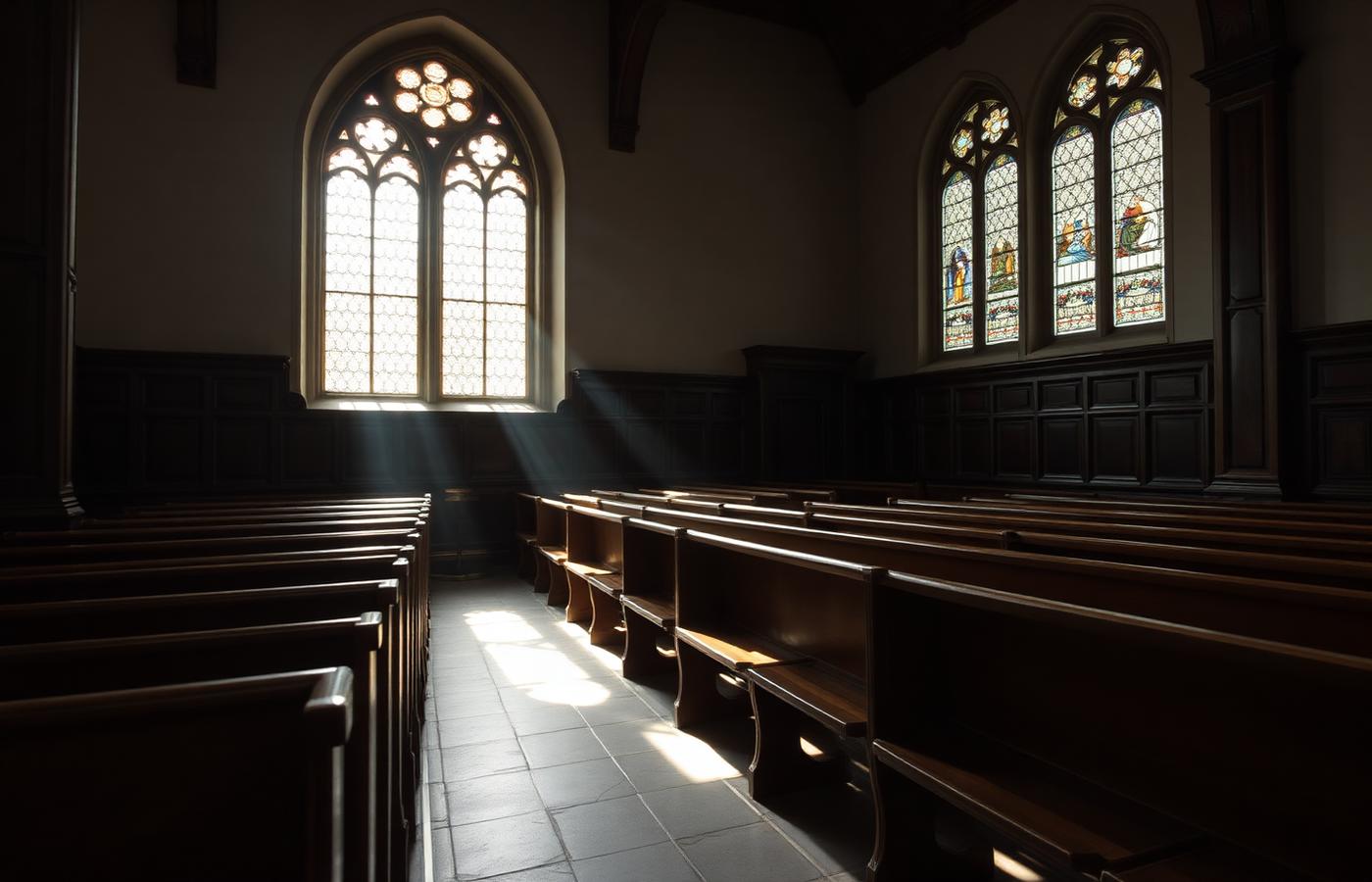 Historische kerk met zacht licht door glas-in-loodramen
