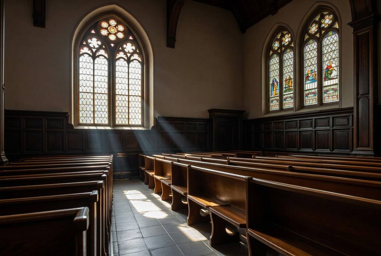 Historische kerk met zacht licht door glas-in-loodramen