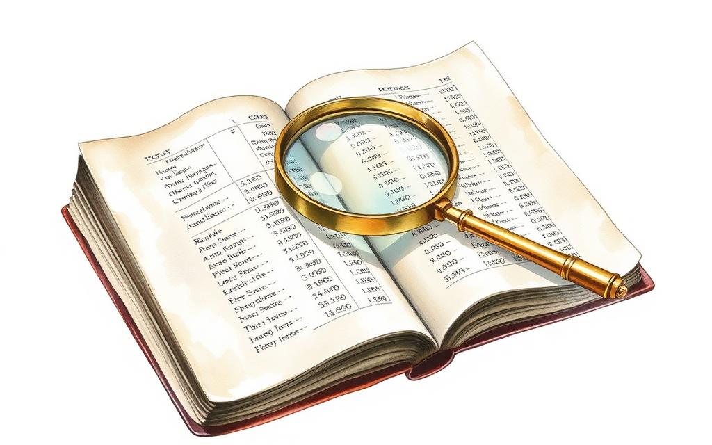 Vergrootglas op een opengeslagen kasboek met cijferkolommen