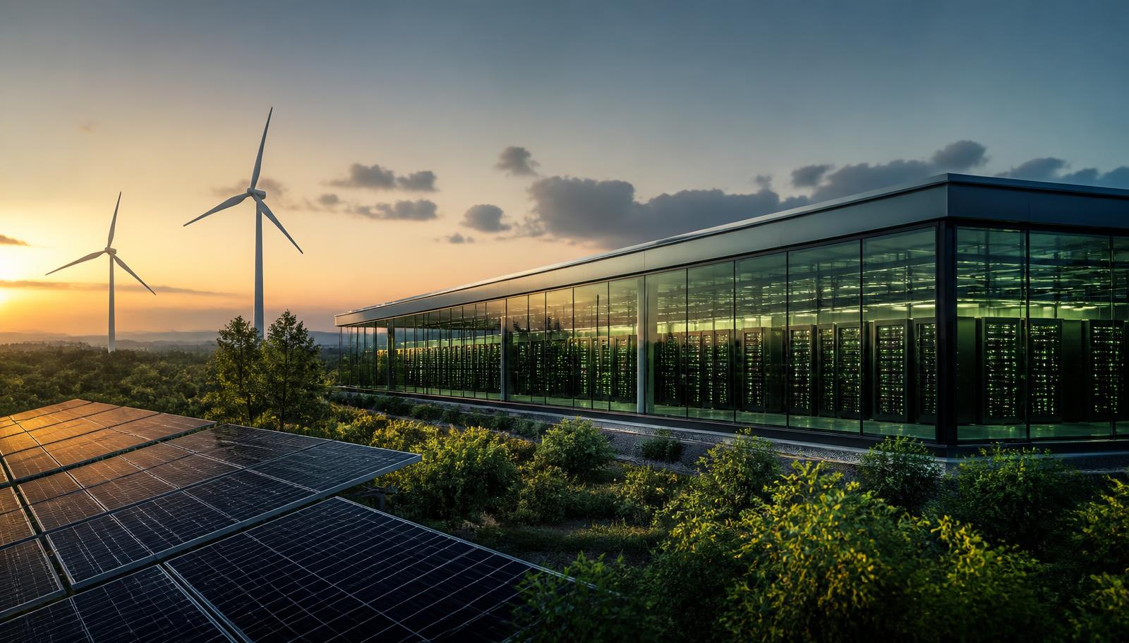 Groene datacenter met windturbines en zonnepanelen bij zonsondergang