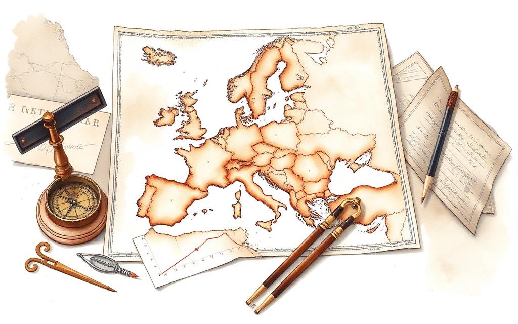 Antieke kaart van Europa met kompas en een stijgende lijn in inkt