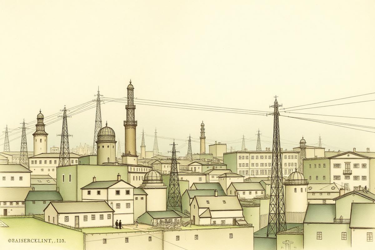 Aquarel van een Europese stadssilhouet met werkplaatsen, torens en telegraafdraden als netwerk