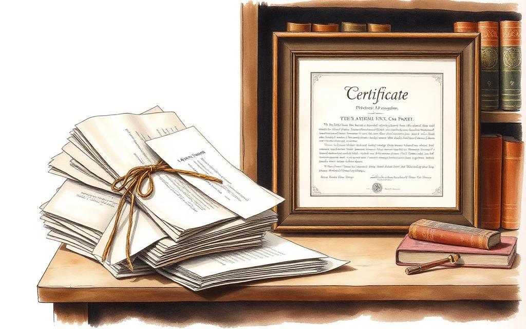 Een bundel obligatiecertificaten naast één ingelijst certificaat