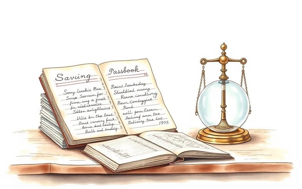 Antiek spaarbankboekje en grootboek naast een koperen weegschaal