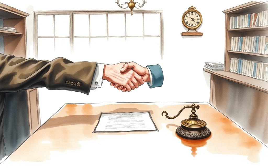 Handdruk boven een getekend contract in een koopmanskantoor