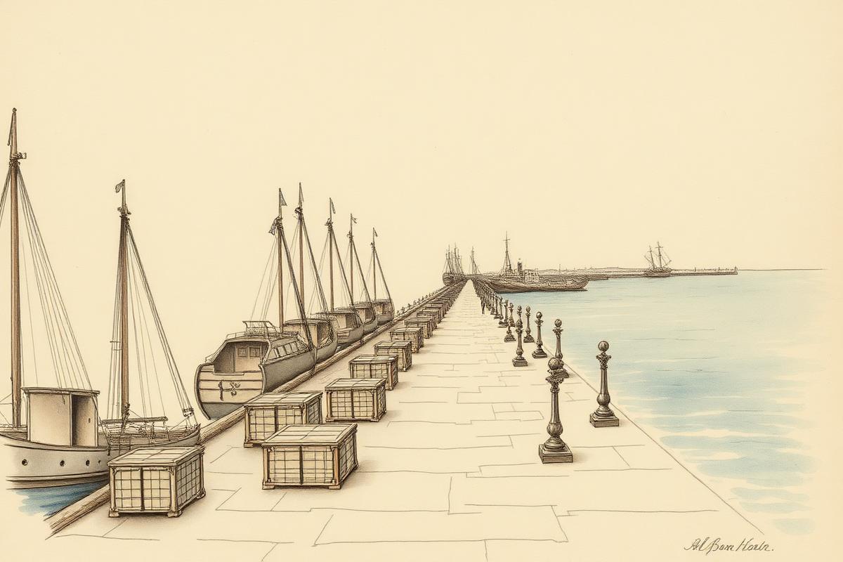 Aquarel van een lange havenkade met koopvaardijschepen en mijlpaalpalen langs het water